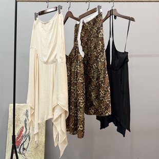 外贸单蕾丝拼接吊带半裙不规则剪裁下摆短裙挂脖上衣女夏