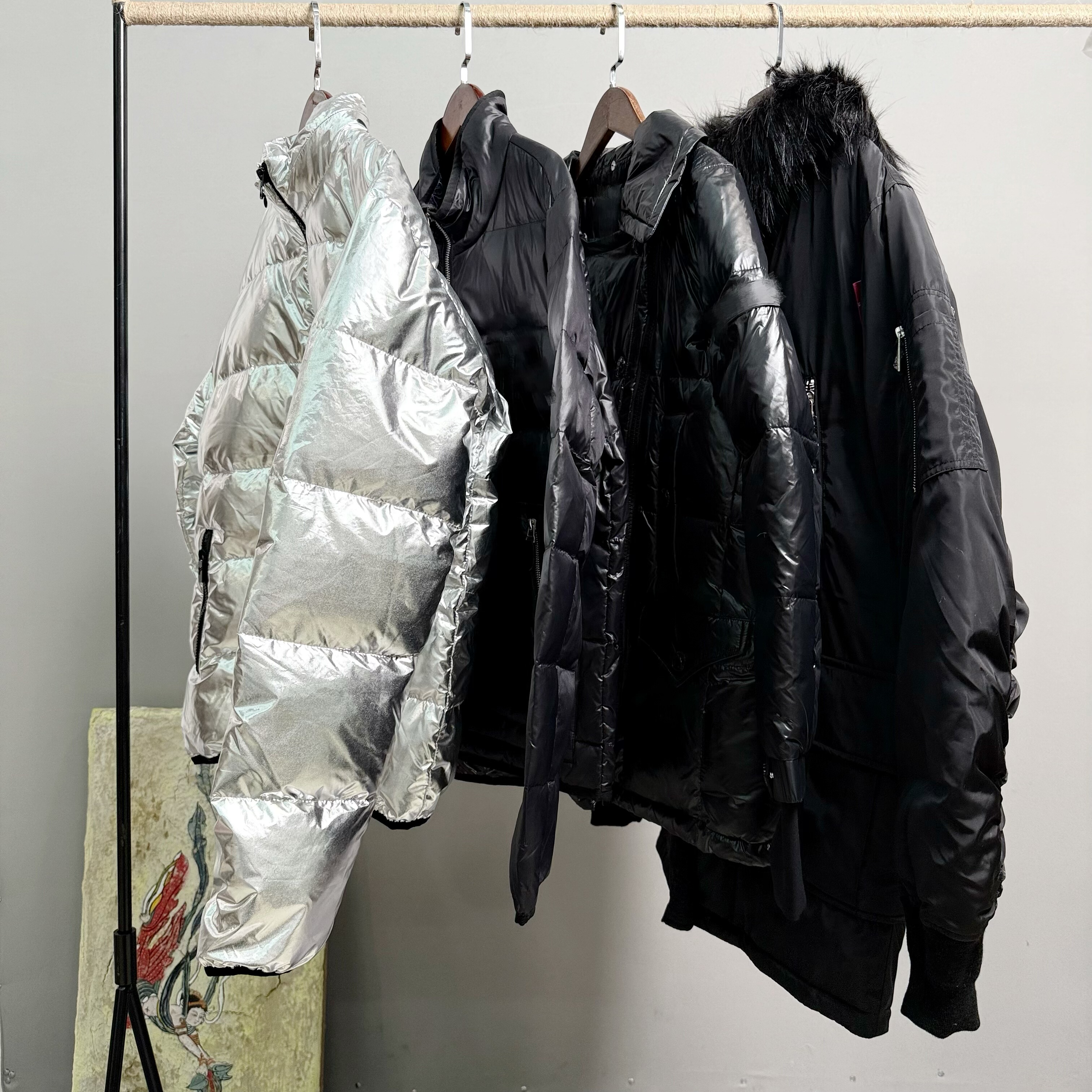 A字仿真毛连帽羽绒服秋冬