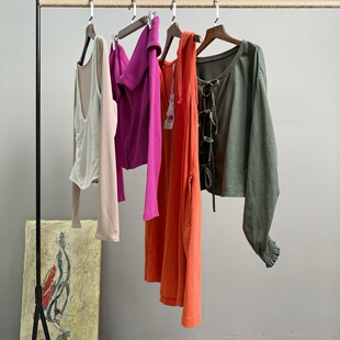 外贸单时尚百搭假两件大翻领长袖T恤连帽宽松系绳上衣女早春款