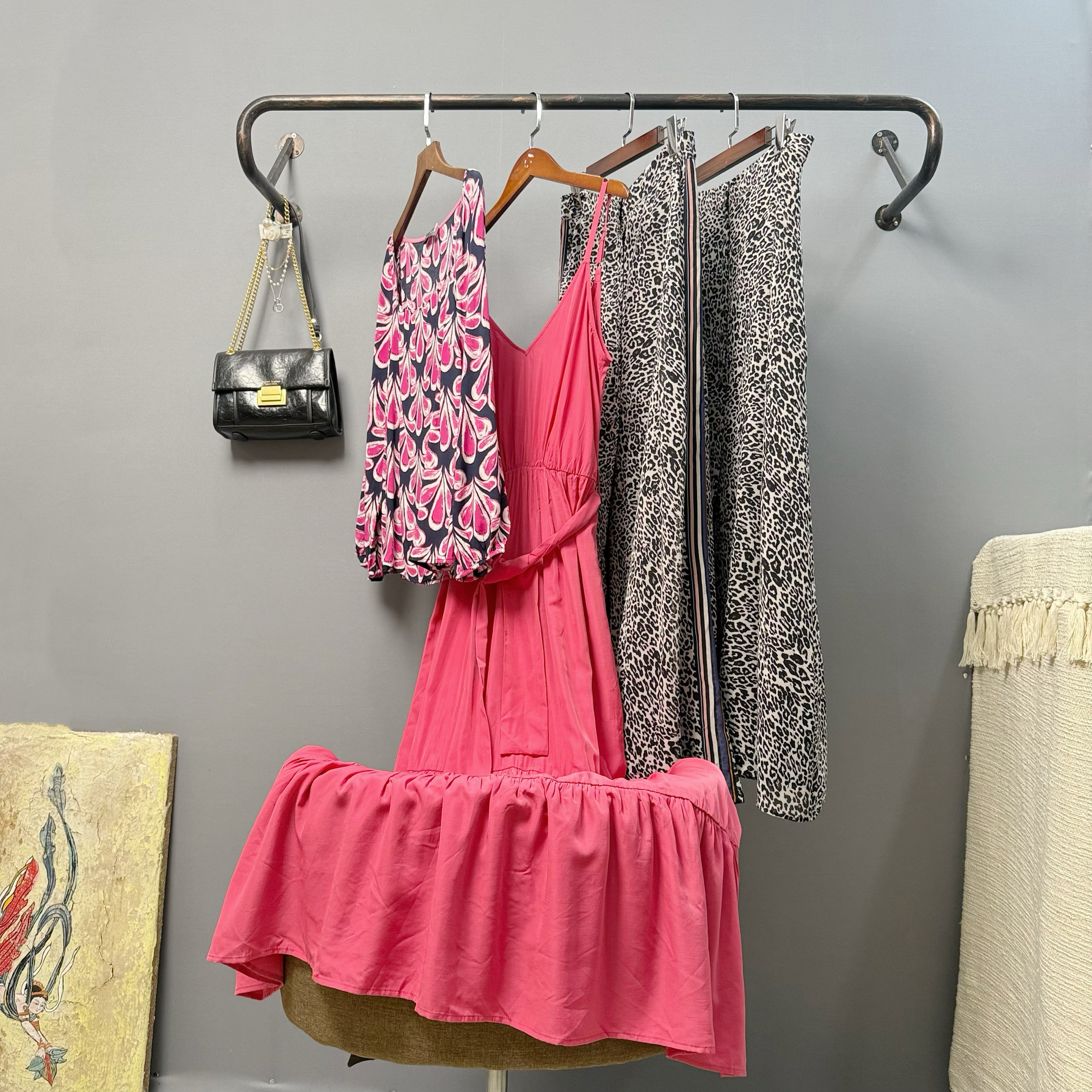 外贸单复古印花上衣女腰带修身吊带长裙时尚豹纹大开衩系扣半裙夏