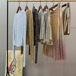 外贸单重工亮片露后背修身 弹力上衣背心百褶伞裙a字短裙女春夏