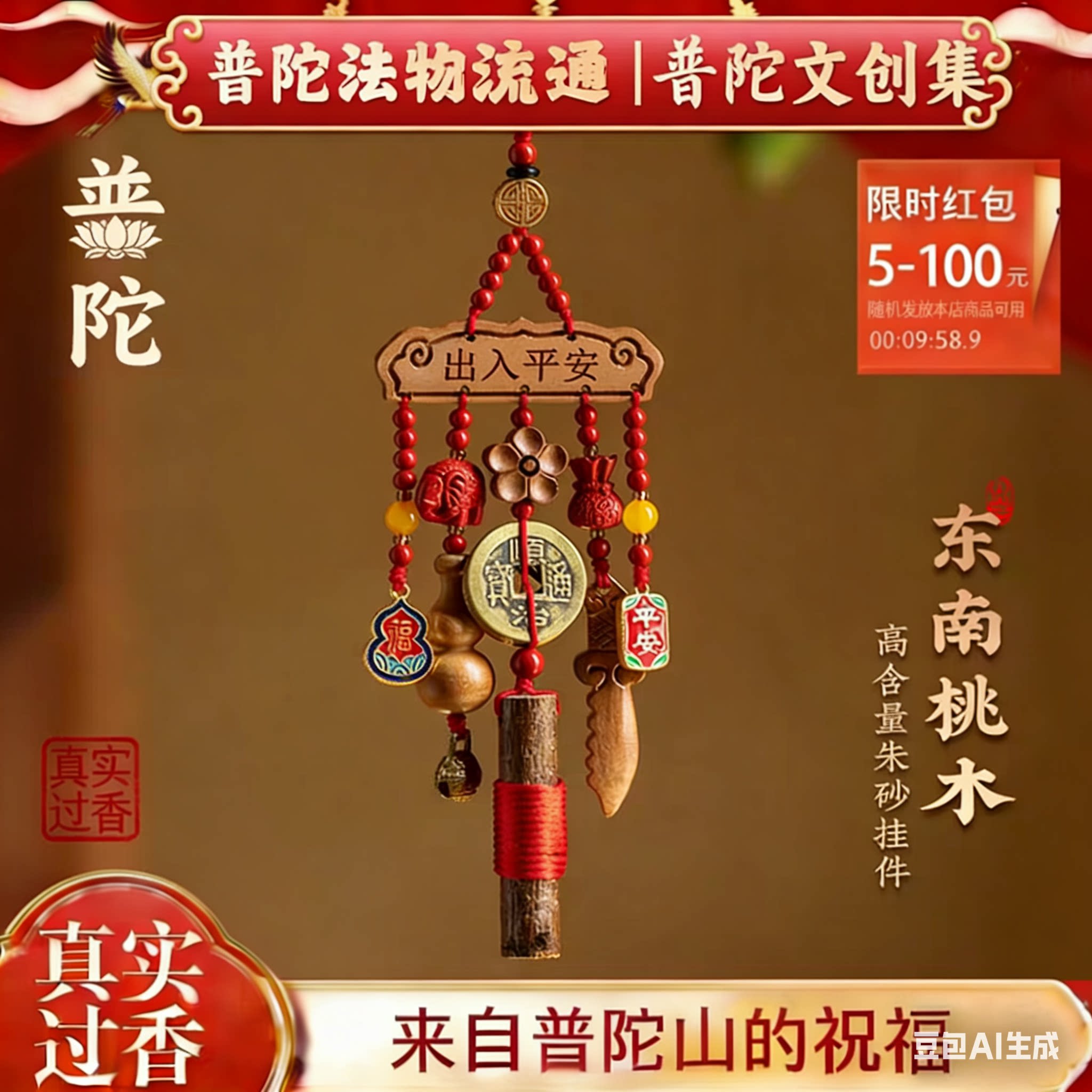 【普陀山正品】朱砂出入平安汽车挂件桃木后视镜挂饰2026新款