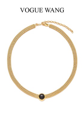 金属编织高端时髦经典小香风天然黑玛瑙圆形吊坠金色表带锁骨项链