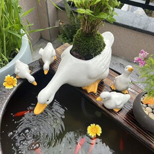 仿真鸭子流水摆件鱼缸鱼池过滤器循环水系统庭院造景摆件流水陶罐
