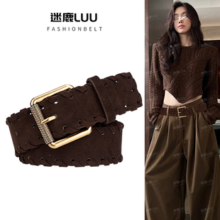 复古编织腰带设计感小众2025新款 饰配牛仔裤 装 麂皮绒皮带配饰女款