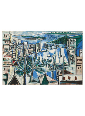 现代风景油画毕加索戛纳海湾城市建筑椰树海滩Picasso手绘装饰画