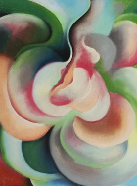 餐厅挂画装饰画O'Keeffe欧姬芙油画纯绘粉红色与绿色花卉临摹复制