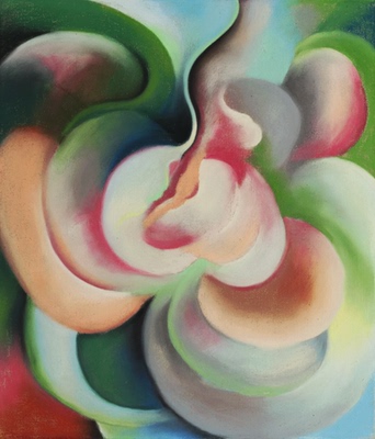 餐厅挂画装饰画O'Keeffe欧姬芙油画纯绘粉红色与绿色花卉临摹复制