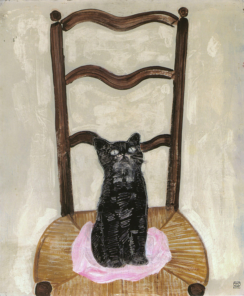 常玉油画坐在椅子上的猫动物静物装饰挂画手绘临摹复制品新中式