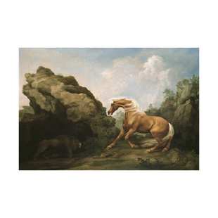 乔治·斯塔布斯被狮子惊吓的马手绘临摹动物油画George Stubbs