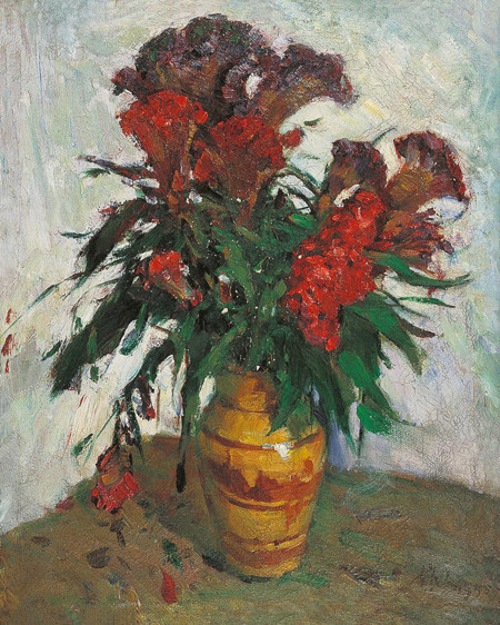 老画家吴作人布面油画鸡冠花临摹复制品 静物花装饰挂画手绘花卉