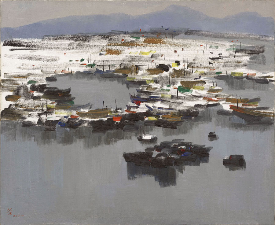 中华艺术宫吴冠中风景油画舟群临摹复制品 新中式客厅沙发挂画
