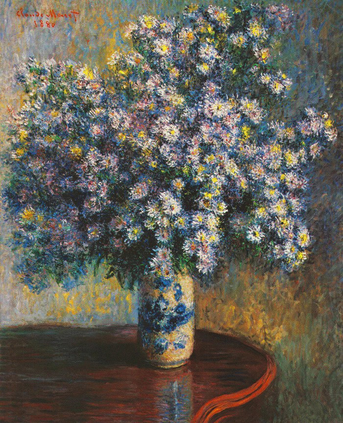 莫奈紫菀花monet花卉植物油画印象派名画纯手绘临摹复刻装饰画