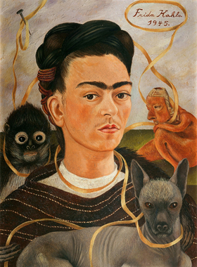 弗里达Frida Kahlo墨西哥动物油画自画像与猴子手绘复制品现代