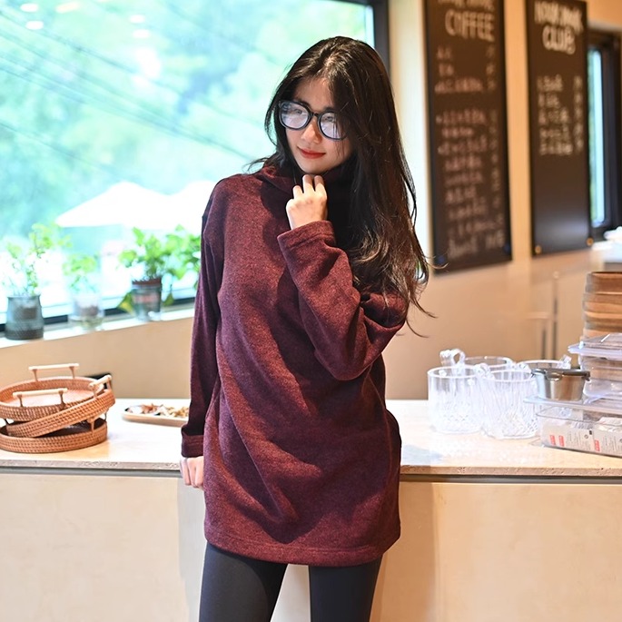 女秋冬加厚加绒保暖半高领抓绒衣卫衣针织衫毛衣中长款户外休闲衣