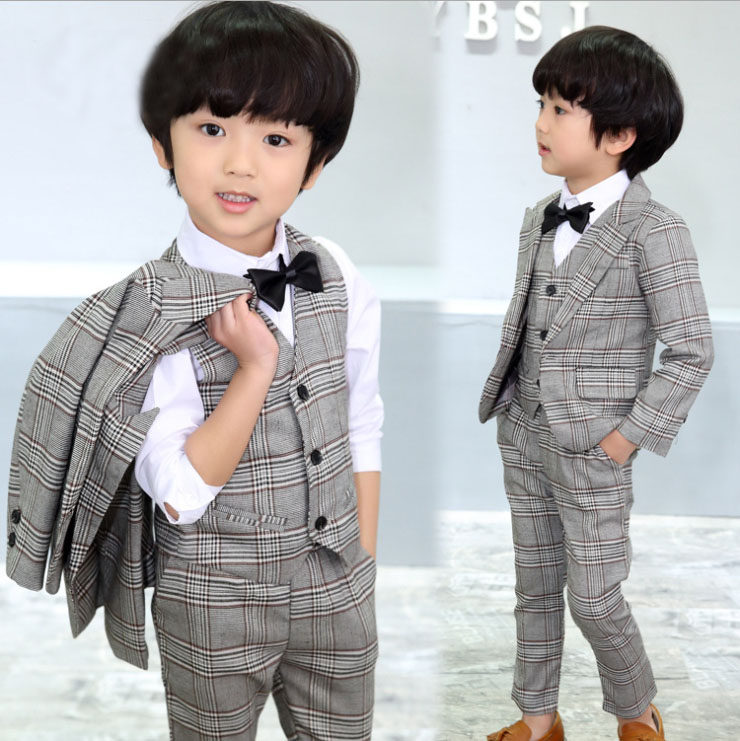 宝宝格子马甲三件男孩花童小西装