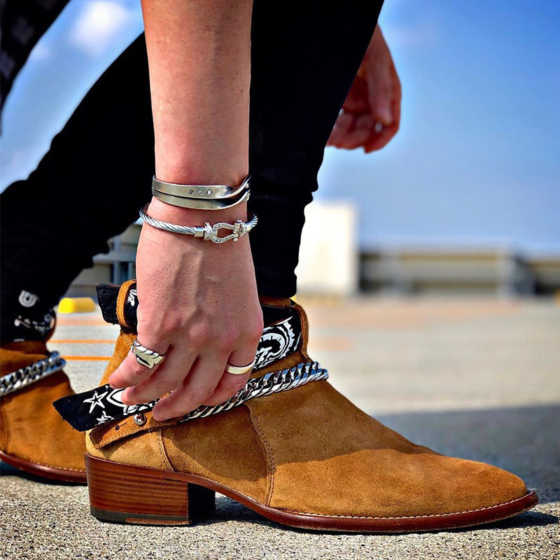 高街amiri男士高帮沙漠靴英伦腰果花链条切尔西复古牛仔大黄靴子