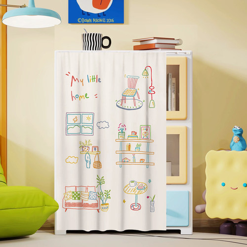 柜子遮挡帘波点卡通书柜防尘帘橱柜遮丑帘开放衣柜拉帘滑轨布帘子