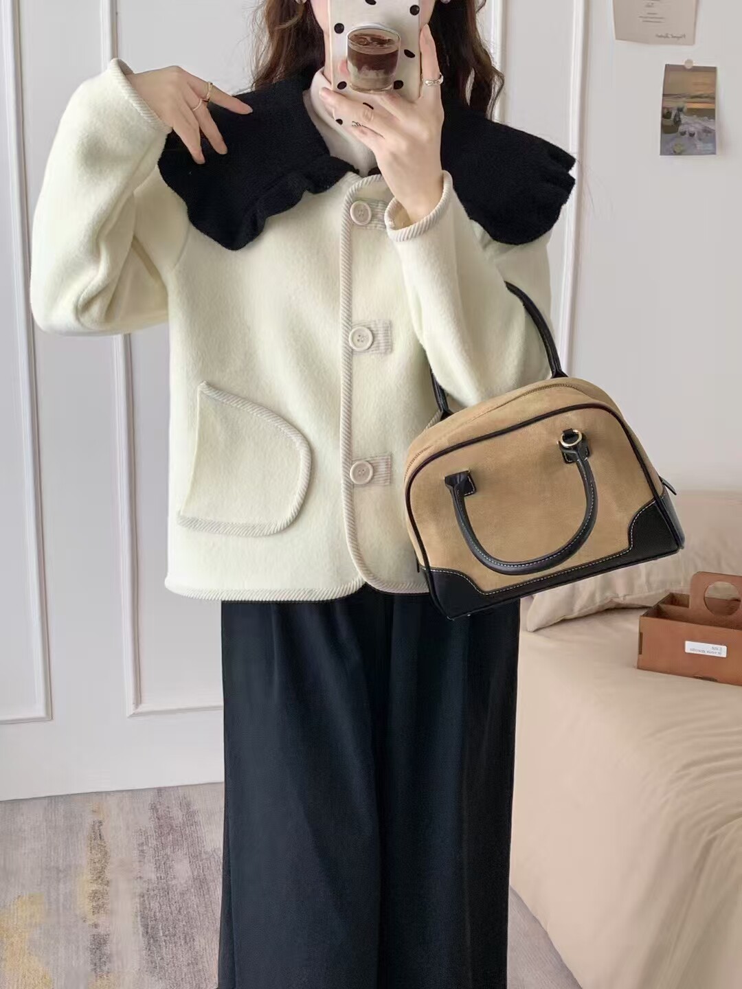 2025秋冬新款韩版大版宽松显瘦娃娃领长袖针织衫女百搭双面呢上衣