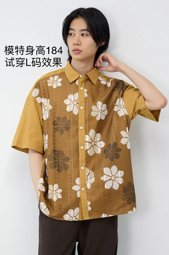日单潮牌RODEO CROWNS RCWB男士棉聚酯亚麻混纺蕾丝拼接短袖衬衣