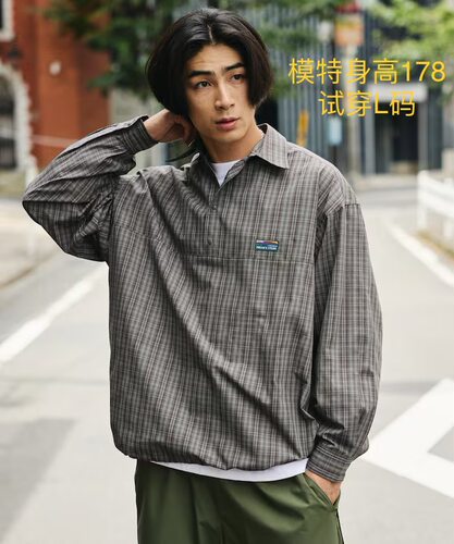 日单潮牌freaks store男士翻领套头长袖衬衣抽绳纺锤宽松休闲刺绣