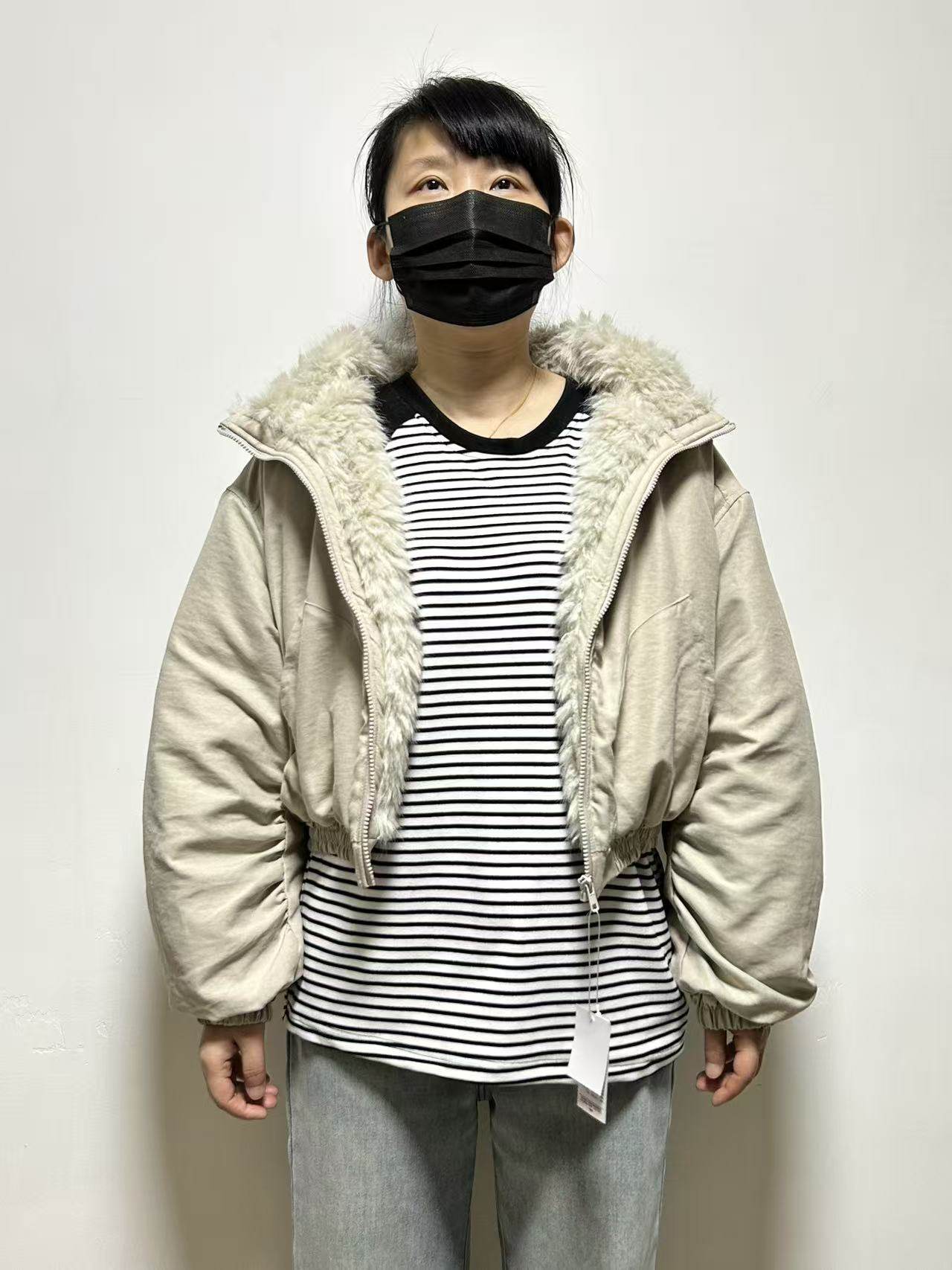 日单estacot女士连帽棉服外套短款宽松休闲纯色百搭甜美可爱风格