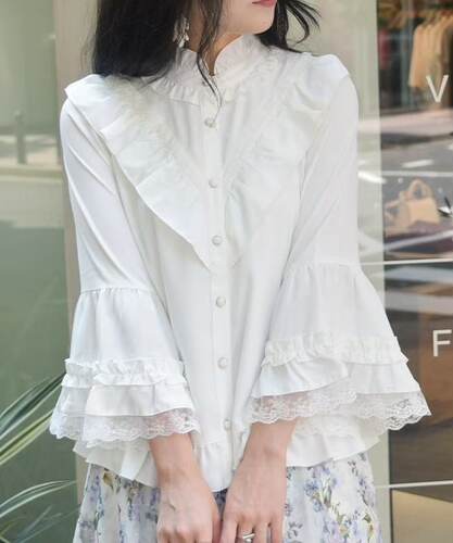 日单axes女士宫廷风格聚酯棉混纺蕾丝褶皱荷叶花边短袖立领衬衣