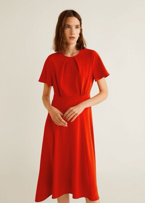 外贸出口欧美单MNG芒果女士人棉微橘红色圆领时装连衣裙