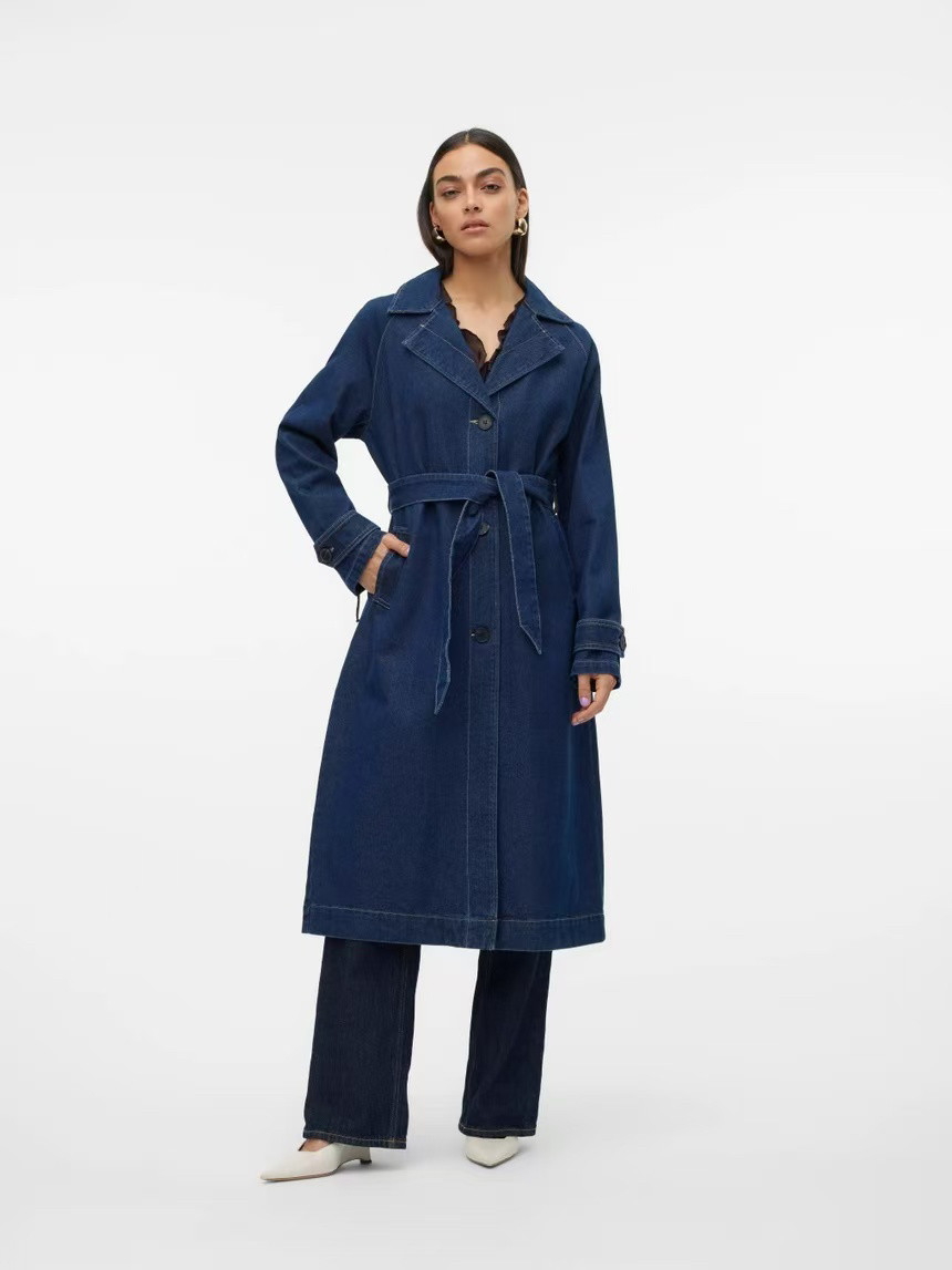 欧单V家女士棉质混纺水洗牛仔复古长款风衣外套春秋款