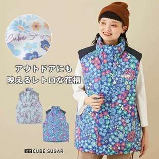 日单cube sugar方糖女士花色棉服马甲背心坎肩休闲保暖半高领宽松