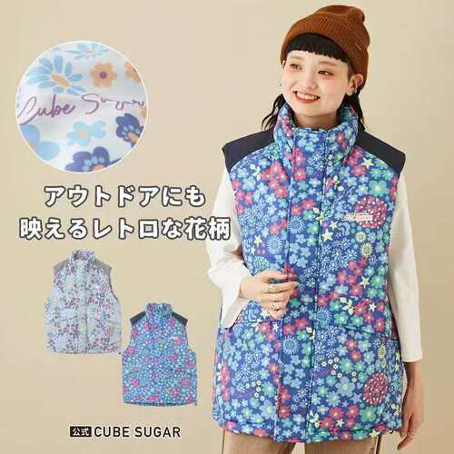 日单cube sugar方糖女士花色棉服马甲背心坎肩休闲保暖半高领宽松