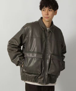 日单复古重工水洗做旧人造皮革拉链飞行加棉夹克皮夹克棉外套男女