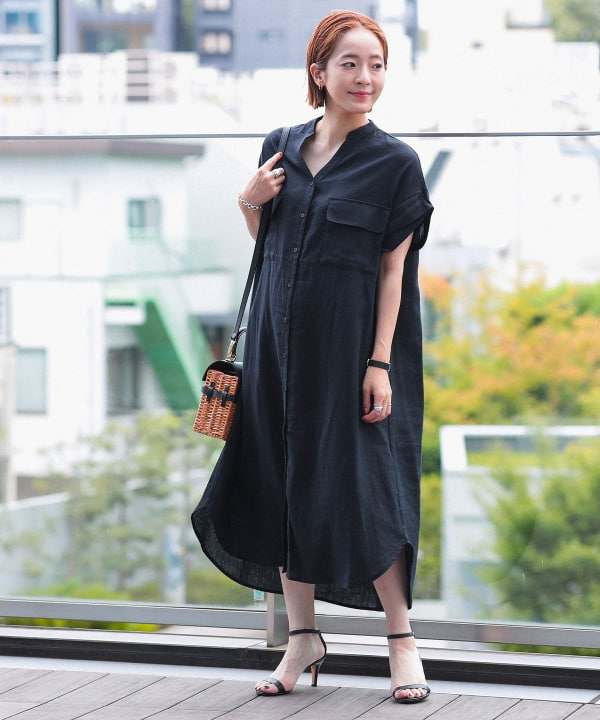 日单贵牌Beams女士亚麻人造丝混纺短袖连衣裙