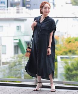 日单贵牌Beams女士亚麻人造丝混纺短袖连衣裙