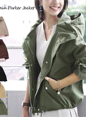 日单classical elf女士春秋全棉斜纹布宽松休闲连帽拉链风衣外套