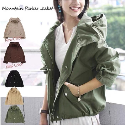 日单classical elf女士春秋全棉斜纹布宽松休闲连帽拉链风衣外套