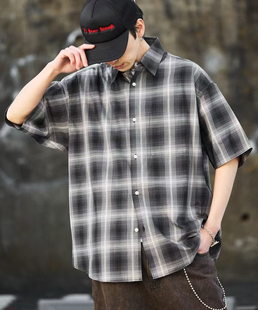大廓形宽松休闲衬衣男女同款 日单潮牌freaks store全棉格子短袖