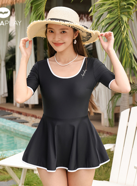 AquaPlay安泊来黑色短袖连体泳衣女泡温泉大码裙式游泳衣度假泳装