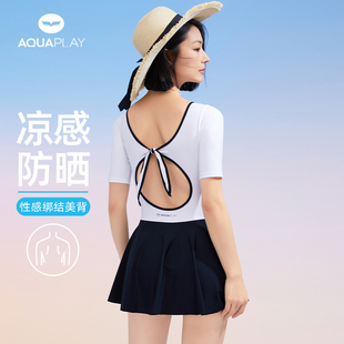 AquaPlay防走光防晒连体泳衣女款 冲浪服 短袖 镂空海边温泉度假泳装