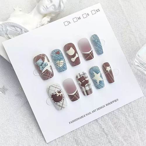 【Yuki穿戴甲】日系格子蓝棕小熊星星法式甜酷美甲学生假指甲贴片