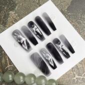 晕染暗黑系天蝎蝴蝶黑白灰色调国风学生软妹美甲片 Yuki穿戴甲