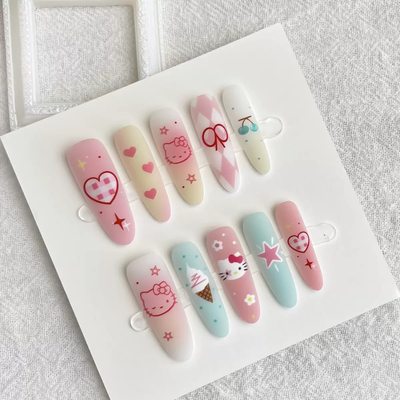 【Yuki穿戴甲】新款格子爱心HelloKitty星星冰激凌樱桃图案美甲片