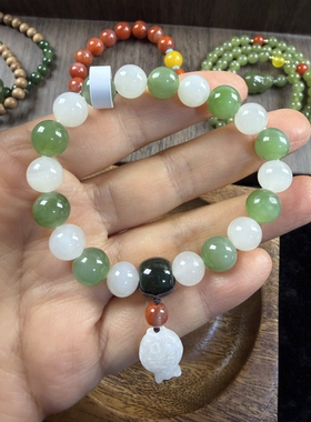 原创设计天然和田玉白玉碧玉多宝卡10圆珠手串编号318多样性发货