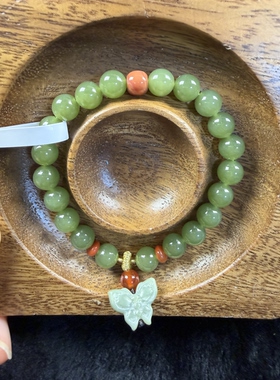 原创设计天然和田玉碧玉湖水绿卡8圆珠手串编号1099多样性发货