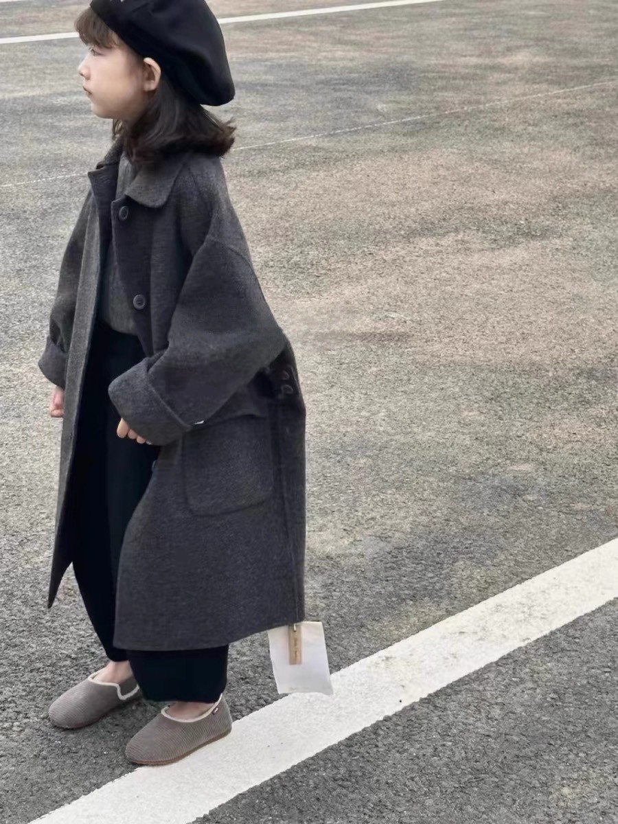波拉bora韩国童装女童双面羊绒大衣2024冬季新款儿童呢子外套男童