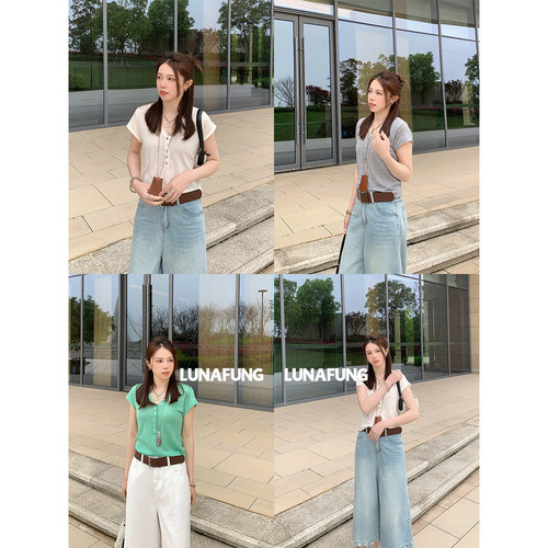 LUNAFUNG冯下文·亨利领T恤针织短袖常规休闲上衣女修身显瘦弹力