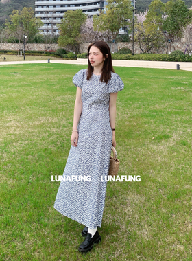 LUNAFUNG冯下文·蓝色小碎花连衣裙女泡泡短袖圆领法式减龄茶歇裙