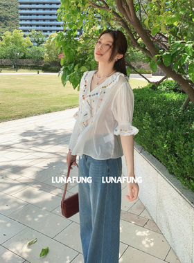LUNAFUNG冯下文·白色荷叶边领口衬衫女夏刺绣花朵五分袖韩系上衣