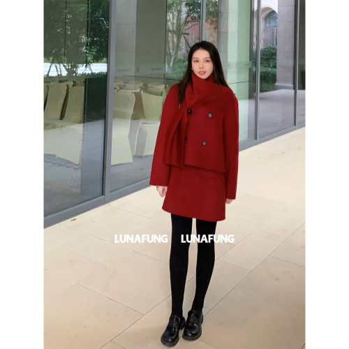 LUNAFUNG冯下文·圣诞红羊毛双面呢围巾大衣外套半裙波尔多红套装