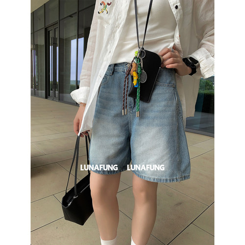 LUNAFUNG冯下文·复古风五分裤蓝色牛仔短裤女阔腿裤显瘦遮胯裤子